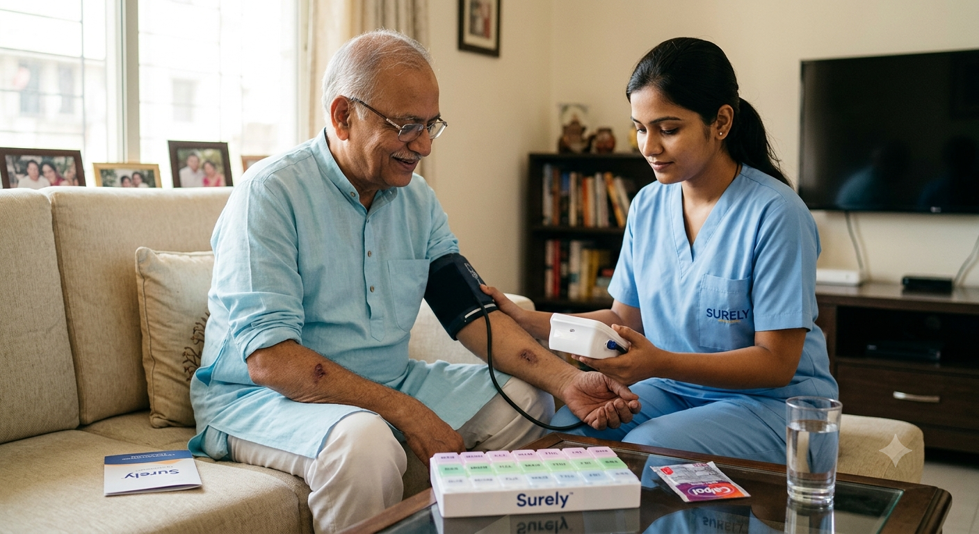 Home nurse checking blood pressure of an elderly patient at home in India